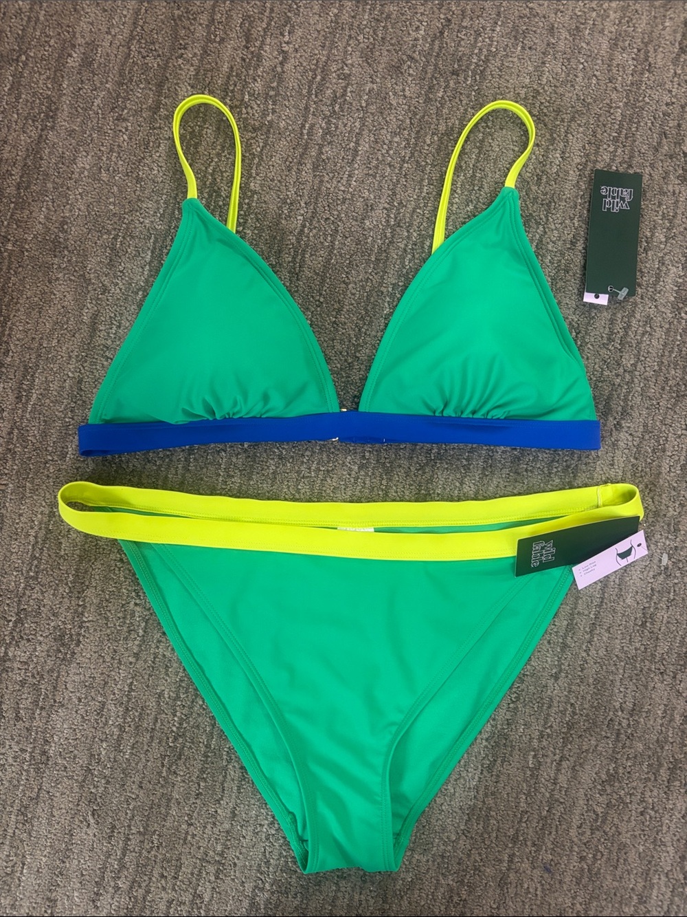 Xhilaration Green Triangle Bikini with Neon Yellow Straps and Blue Band